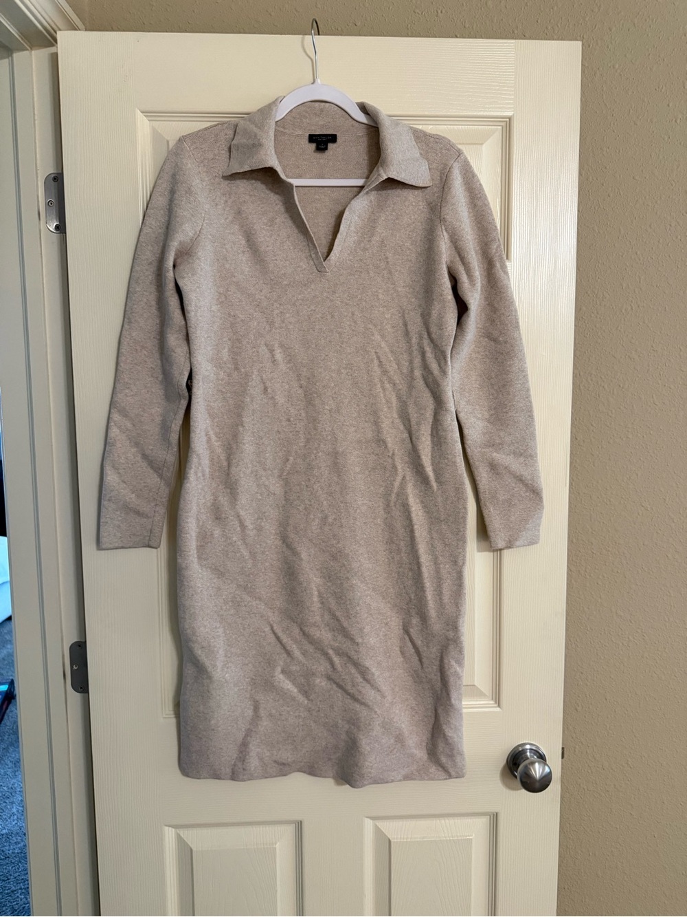 Ann Taylor Beige Long-Sleeve Collared Knit Dress